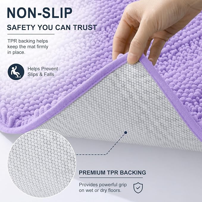 Smiry Thick Chenille Bathroom Rugs 30x20, Extra Soft Absorbent Striped Bath Mat, Machine Washable, Rubber Backing, Bath Rugs for Tub & Shower, Modern Home Decor Accessories, Lavender