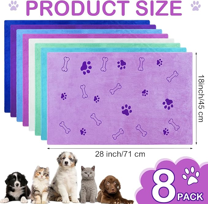 Chumia 8 Pcs Microfiber Dog Towels for Drying Dogs Cats 18 x 28 Inch Pet Towels Bulk for Medium Puppy Absorbent Fast Drying Paw Bath Bathing Supplies for Pets(Dog Paw and Bone,Classic Color)