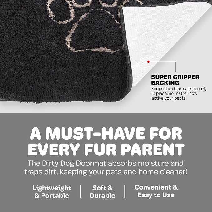 Dog Gone Smart Dirty Dog Doormat - Fast Drying Rug with Super Gripper Backing for Clean Floors - Super Absorbent and Machine Washable Mat for Muddy Paws - Black Hue