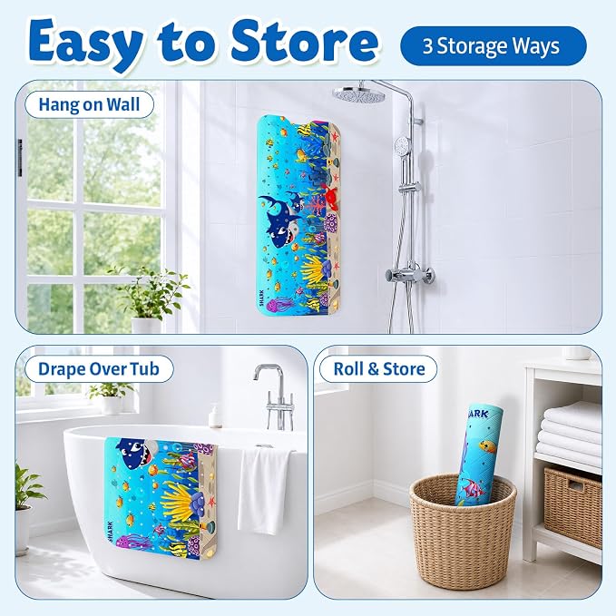 XIYUNTE Baby Bath Mat for Tub Non Slip Kids Bath Mat - 40''x16'' Extra Long Cartoon Bathtub Mat Non Slip Kids Shower Mat Eco-Friendly Toddler Bath Mats with Suction Cups, Machine Washable, Shark
