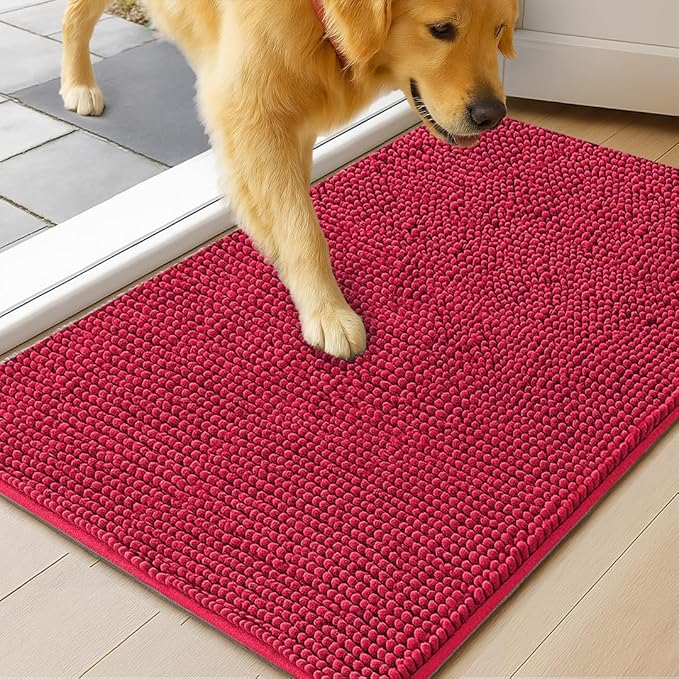 MUDGUARD MAT® Dog Door Mat for Muddy Paws, Super Absorbent Microfiber, Non-Slip Indoor Mat, Quick-Dry Chenille Rug for Pets & Entryway, Machine Washable, Red 36" x 60"