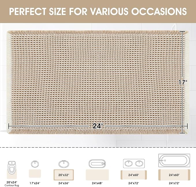 Upgraded Waffle Bath Mat, 24"x17" Brown & Cream, Super Absorbent Non-Slip Quick Dry Bathroom Rugs with Tassels, Machine Washable Ultra Soft Boho Bath Rugs for Floor, Toilet Mats Boho Farmhouse Decor