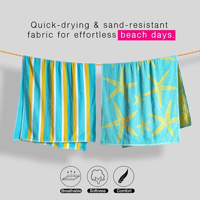 CASA COPENHAGEN Miami Towel 2Pcs Starfish Teal - Teal Stripe Designer Stripe Beach Towels Set, 35"x70" Oversized 100% Cotton Pool Bath Towel for Beach (Gift Set for Women & Men)