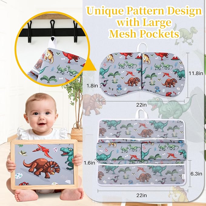 Bath Kneeler and Elbow Rest Pad Set, Dinosaur Design 1.5" Thick Comfortable Kneeling Cushion with Organizer Pockets - Quick Drying, Foldable, Non-Slip for Bathing Time