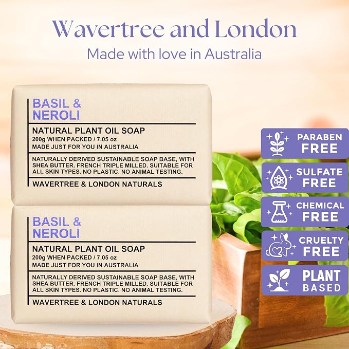 Wavertree & London Basil & Neroli Scented Natural Soap Bars (2 Bars), 7oz Moisturizing French Triple Milled Soap enriched with shea butter - Plant Oil Bath & Body Soap Bars [100% Naturally derived]