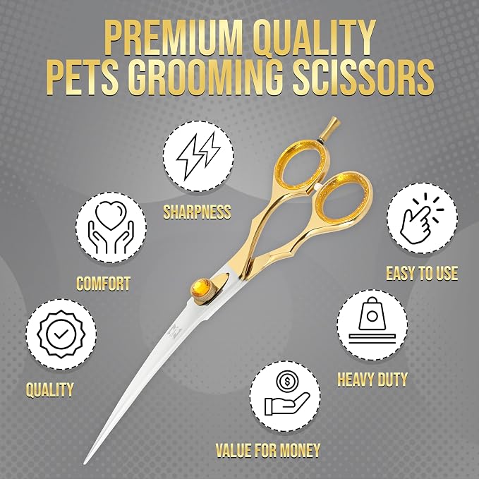 ZAVRIX Professional Dog Grooming Scissors – 7.5” Curved Thinning Shears with 34 Teeth, Pet Chunkers for Dogs & Cats, Premium 440C Stainless Steel Grooming Tools (Golden Polish Curved Scissor)