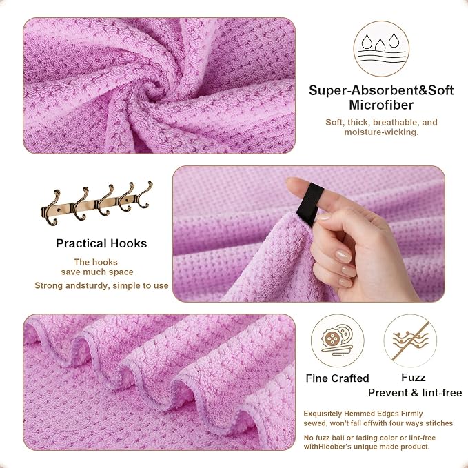 4 Pack Bath Towel Set, Waffle Bath Towel Set, Microfiber Super Soft Highly Absorbent, Sturdy Quick Drying Towels for Bathroom, Gym, Sports, Yoga (4 Piece 27" x 55", 4Purple)