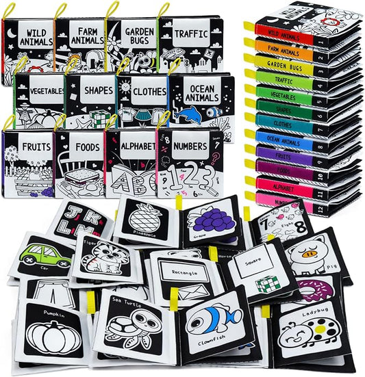 OKOOKO 12PCS Soft Baby Books Black and White High Contrast Soft Cloth Bath Books Crinkle Washable Non-Toxic Early Education Preschool Learning Toy for Newborns Babies Infants Toddlers Kids
