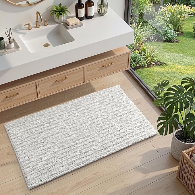 DEXI Bathroom Rugs 43x24, Super Soft Thick Chenille Absorbent Bath Mat, Non Slip Machine Washable Fluffy Shag Bathmat for Tub, Shower Floor, White