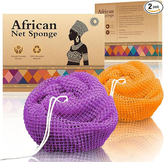 Authentic African Net Sponge - 2 Pieces Deep Clean Exfoliating Sponge - Soft Weave for Gentle Exfoliation, All-Skin-Type Shower Accessory (Purple Orange)