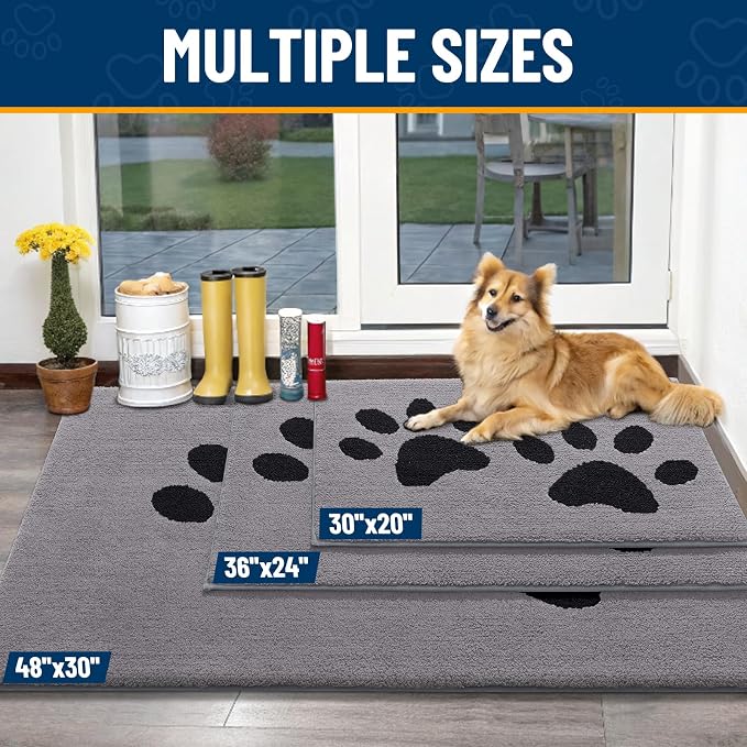 Smiry Dog Door Mat for Muddy Paws, Absorbs Moisture and Dirt, Low-Profile Entryway Mat with Non-Slip Backing, Entry Indoor Outdoor Doormat for Inside Floor (40x32 Inches, Grey, Paw)
