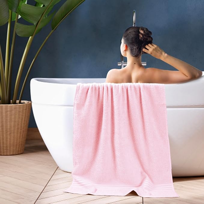 BOUTIQUO 100% Cotton 2 Pack Bath Towel Set 28x55 inches, Eco-Friendly Large Bath Towels, Compact Quickdry Lightweight Soft & Highly Absorbent Bath Towel, Ideal for Everyday Gym Travel Camp Pool - Pink