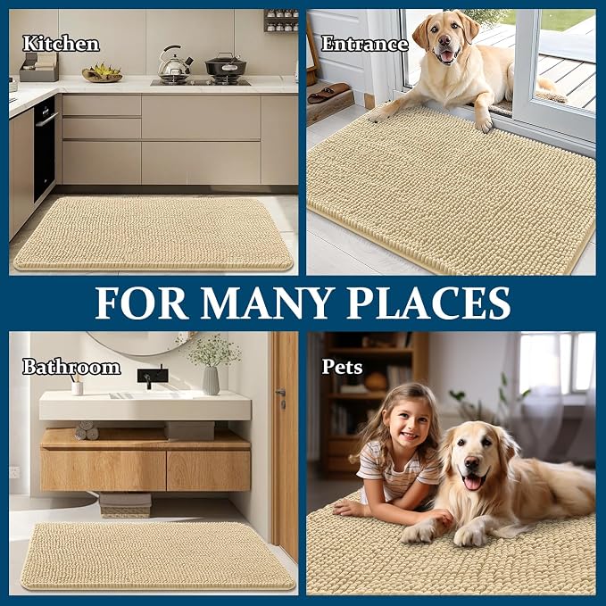 OLANLY Dog Door Mat for Muddy Paws 50x30, Absorbs Moisture and Dirt, Absorbent Non-Slip Washable Doormat, Quick Dry Chenille Mud Mat for Dogs, Entry Indoor Entryway Carpet for Inside Floor, Sand