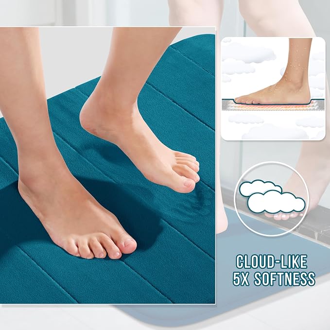 Yimobra Memory Foam Bath Mat Set 2 Piece - Super Soft Absorbent Quick Dry Bathroom Toilet Rugs, Machine Washable Non Slip Floor Carpet for Tub Shower & Single Sink (31.5x20 & 24x20, Peacock Blue)