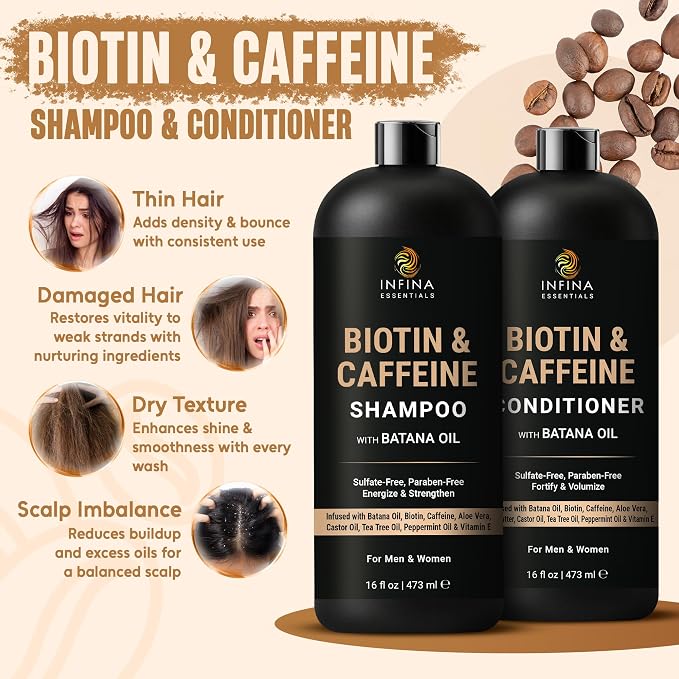 INFINA ESSENTIALS Caffeine Biotin Shampoo and Conditioner Set | Hair Thickening & Strengthening | 16 fl oz Each | with Batana Oil & Castor Oil | For Thinning Hair Care | Men & Women