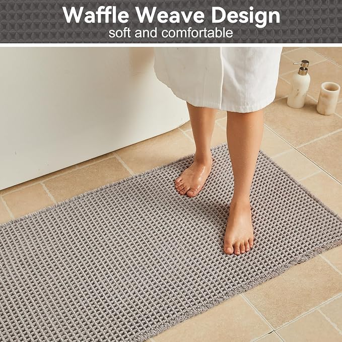Triohero Waffle Bath Mat, Boho Bathroom Rugs Non Slip Washable, Ultra Soft Super Absorbent Quick Dry Farmhouse Bathroom Decor, 24" x 48", Light Grey