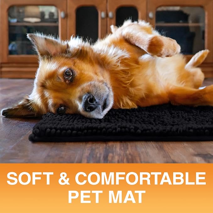 Neater Pets Muddy Paws Dog Door Mat 30” x 20” – Super Absorbent & Quick-Dry Chenille Doormat for Trapping Dirt, Water, Mud - Non-Slip & Machine Washable Pet Rugs for Entryway, Indoor Mud Mats, Black