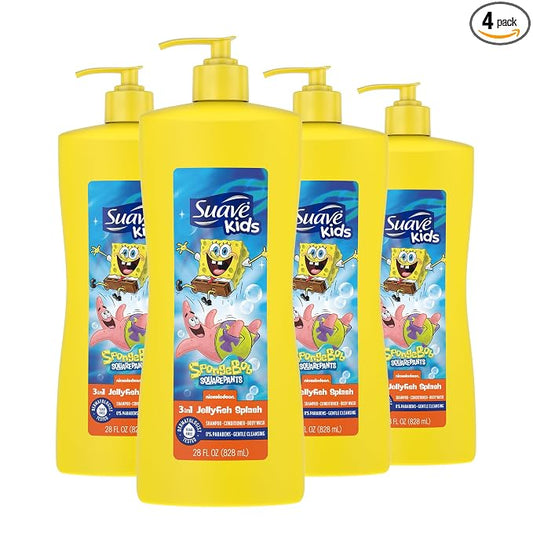 Suave Kids 3-in-1 Spongebob, Tear Free, Body Wash, Shampoo and Conditioners, Dermatologist Tested, 28 Oz Pack of 4