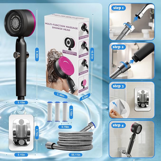 Filtered Handheld Shower Head, High Pressure Power Showerhead with 5 Filters & 59" Flexible Hose, 360° Rotating Adjustable Shower Head with Wall Holder & ON/Off Switch for Hair & Skin, Black