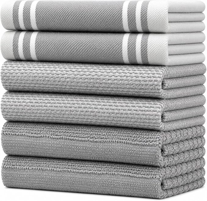 Premium Kitchen Towels (20”x 28”, 6 Pack) | Large Cotton Dish Towels | Flat & Terry Highly Absorbent Kitchen Linen Set with Hanging Loop | Wide Stripe Grey