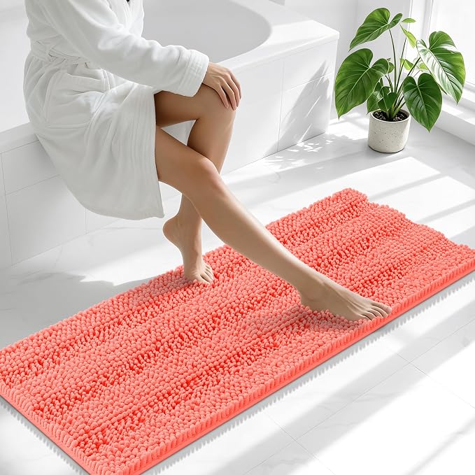 Smiry Thick Chenille Bathroom Runner Rugs 47x17, Extra Absorbent Striped Bath Mat, Machine Washable, Rubber Backing, Long Bath Rugs for Tub & Shower, Modern Home Decor Accessories, Coral