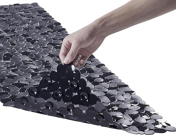 Webos Bath Shower Mat Non Slip: Extra Large Pebble Bathtub mat for Families, Anti Slip Shower Matt with Drain Holes Suction Cups Tub Mat - 16 X 40 Inch Black