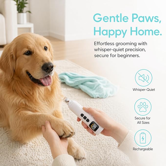 Dog Nail Grinder Quiet, 6-Speed Rechargeable Pet Trimmer for Dogs Cats（White） | 5H Battery, 6 Speeds, Dual LED, 3 Diamond Heads, Ultra-Quiet, Beginner-Friendly, Multi-Port for Dogs & Cats
