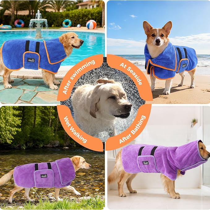 Mihachi Dog Bathrobe Towel Wrap Fast Drying with Drying Gloves Set, Super Absorbent Coral Fleece Dog Drying Coat Bath Robe for Puppy, Medium & Large Dogs, Adjustable Collar & Belly Strap, Purple S