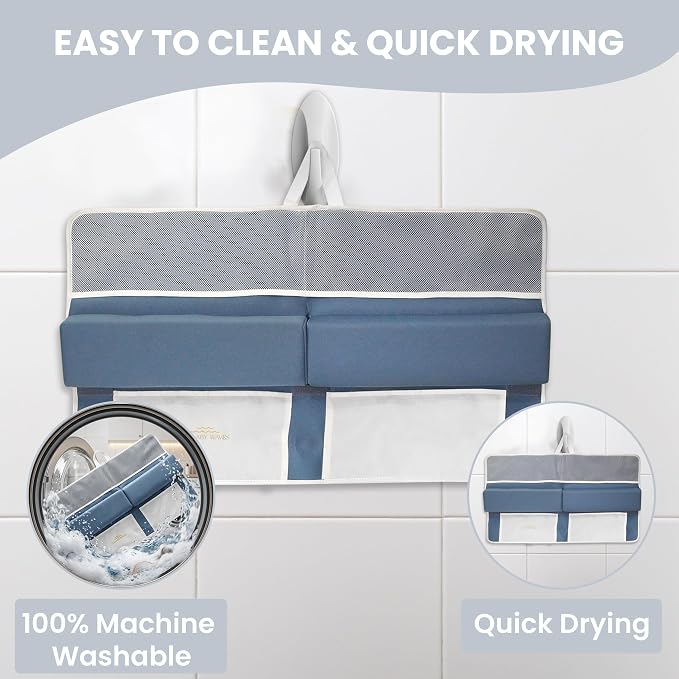 Baby Bath Kneeler and Elbow Rest Pad Set -2 Inch Thick Comfortable Non-Slip 30" Extra Long Bath Kneeling Pad with Toy Organizer Pockets - Soft Machine Washable XL Memory Foam Bathing Support Cushion