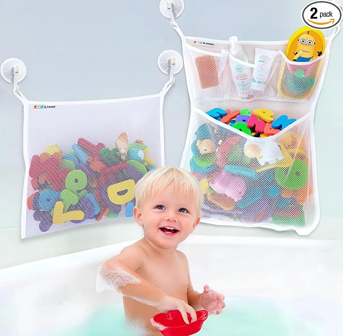 Bath Toy Storage Organizer for Bathtub – Large Mesh Bath Toy Holder & Bath Toy Net, Quick-Dry Hanging Bathroom Bag with 6 Strong Suction Cups, 4 Adhesive Hooks, Toy Holder for Tub & Shower, 2 Pack