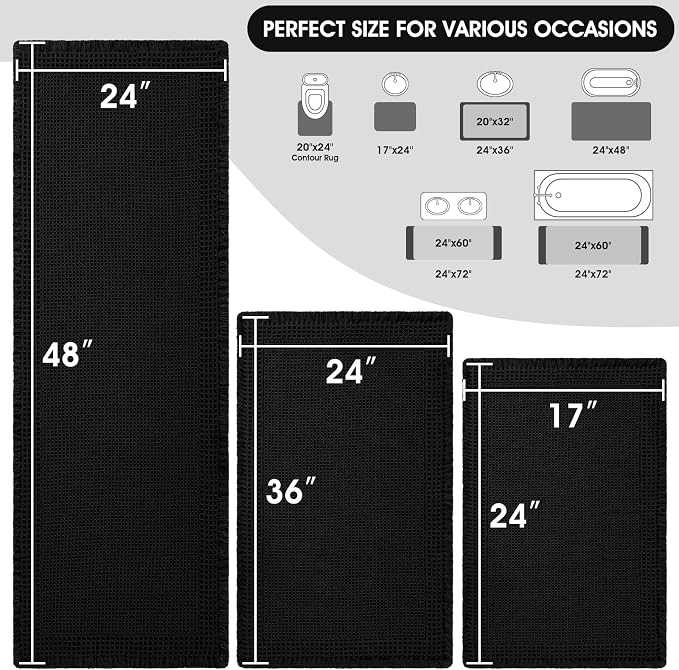 Upgraded Waffle Bath Mat Set 3 Piece Black-Bordered, Super Absorbent Non-Slip Quick Dry Bathroom Rugs with Tassels, Machine Washable Ultra Soft Boho Bath Rugs for Floor, Bath Mats Boho Farmhouse Decor