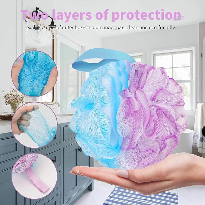 FARMOGA Bath Loofah Sponge Back Scrubber Shower Sponge Soft Mesh Exfoliator Pouf Shower Ball Bath Sponges for Women and Men Bath Accessories (4Pcs 50g Mix Black)