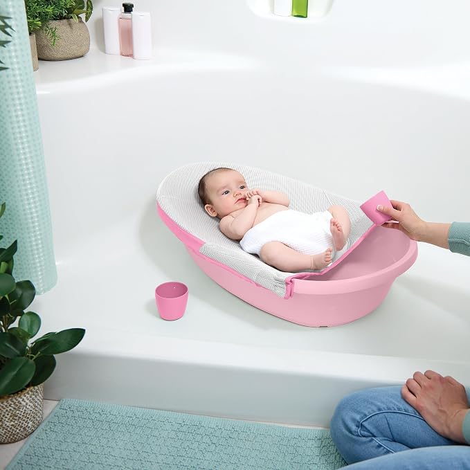 Ingenuity Room to Soak 4-in-1 Baby Bath Tub in Pink, Newborn to Toddler, Adjustable Full Coverage Sling, Supportive Seat, Includes 2 Pour & Rinse Cups, Easy Release Drain Plug, 0M+