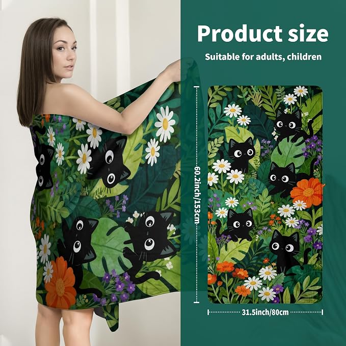 Cat Coral Fleece Bath Towel Super Soft Microfiber Towels Jungle Design for Bathroom Decorative