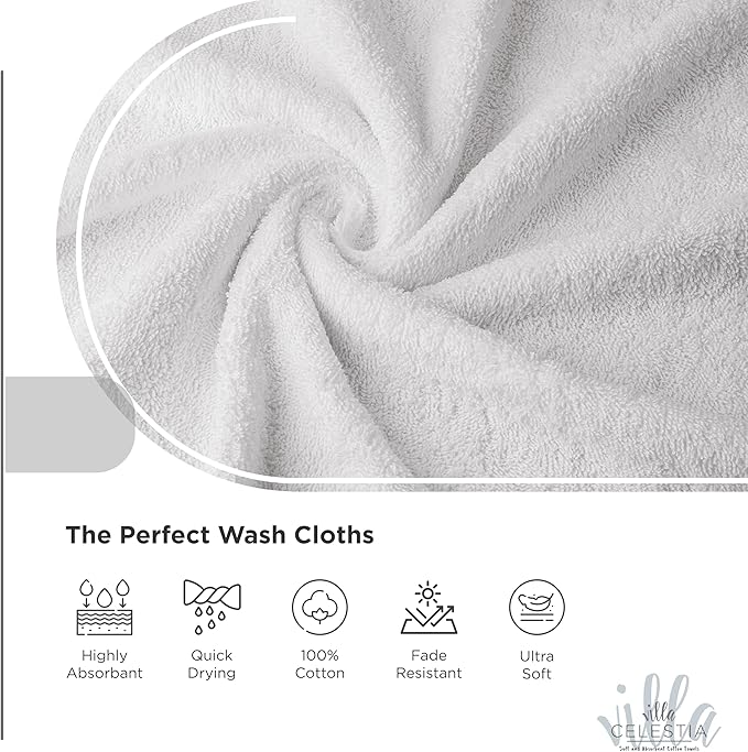 Cotton Washcloths Set of 6, 12x12 Inch, 100% Ring-Spun Combed Cotton, Soft Absorbent Quick-Dry Wash Cloths for Face and Body, Oeko-TEX Certified, Hotel & Spa Quality, White