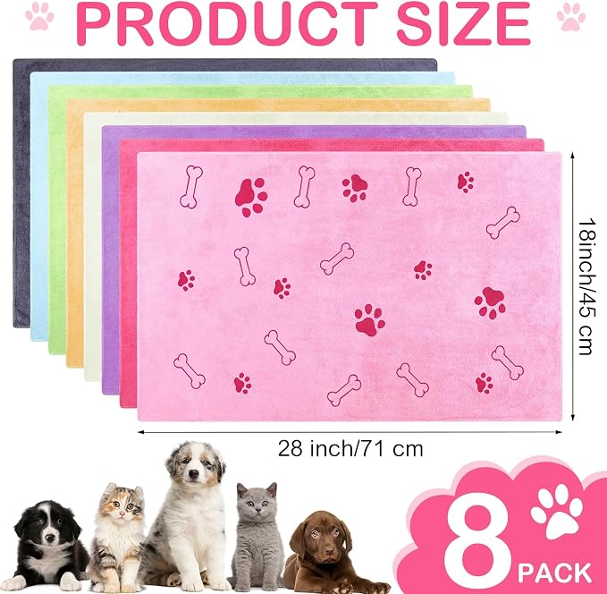 Chumia 8 Pcs Microfiber Dog Towels for Drying Dogs Cats 18 x 28 Inch Pet Towels Bulk for Medium Puppy Absorbent Fast Drying Paw Bath Bathing Supplies for Pets(Dog Paw and Bone,Sweet Color)