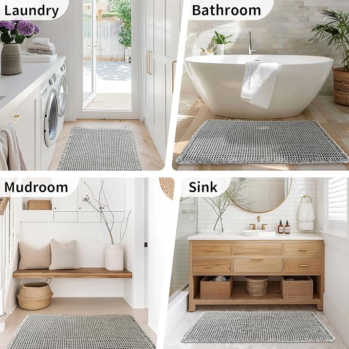 Waffle Bath Mat - Boho Bathroom Rugs Non Slip Washable, Super Absorbent & Quick Dry, Small Bath Mats Farmhouse Bathroom Decor, 18'' x 30'', Light Grey