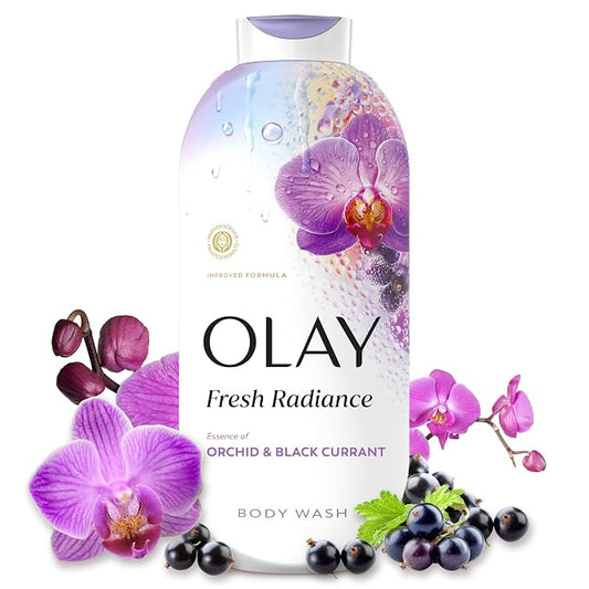 Olay Body Wash for Women, Fresh Radiance, 24/7 Skin-Loving Freshness, Visibly Radiant, Plant Based Cleansers, Vitamin B3 & Antioxidant Blend, For All Skin Types, Orchid & Black Currant Scent, 22 fl oz