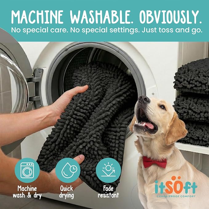 Dog Rugs for Muddy Paws 34x21 | Cleaner Mud Free Floors | Muddy Dogs Mats for Indoor, Dog Mat for Muddy Paws Door Mat Washable, Absorbent Chenille Mud Room Rug Paw Matt w/ Non Slip Backing, Black