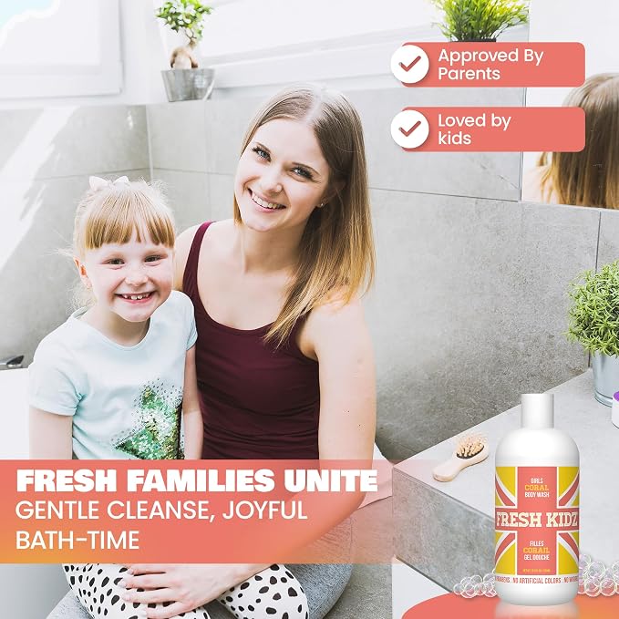 Fresh Kidz Body Wash for Kids and Teens - Gentle Bath and Shower Cleanser for All Skin Types - Girls Coral, 16.9 Fl.Oz.