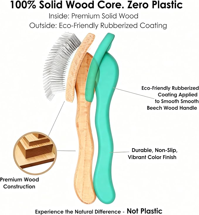 Wooden Long Pin Slicker Brush for Dogs, Doodles, Poodles, Long Hair | Grooming, Detangling, and Fluffing for Wavy and Curly Hair—Designed for Heavy, Thick Coats to Prevent Matting at Home