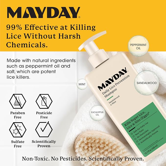 MAYDAY Lice Prevention Shampoo - Sandalwood & Mint - 12oz, Non-Toxic, Pesticide-Free, Scientifically Proven Defense Against Lice & Nits, Shampoo for Adults & Kids, Safe for All Hair Types