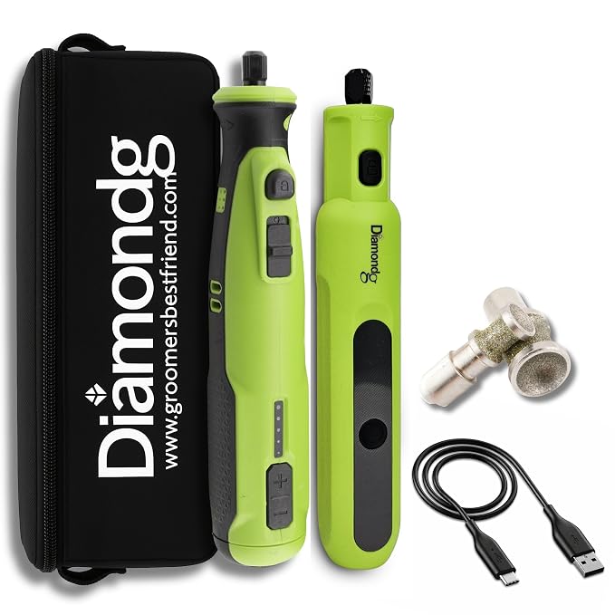 Diamondg Cordless Dog Nail Grinder with Quiet Sound & LED Tip for Large & Small Dogs, 4hrs. Runtime, 2 Bits Included, Green
