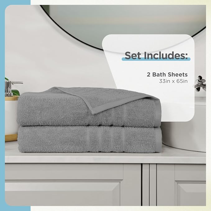 Martex 2-Pack Ultimate Performance Bath Sheet Set, Monument Grey, 33" x 65" | 100% Cotton, Extra Large Bath Towels, Super Absorbent, Low-Linting, Supersoft