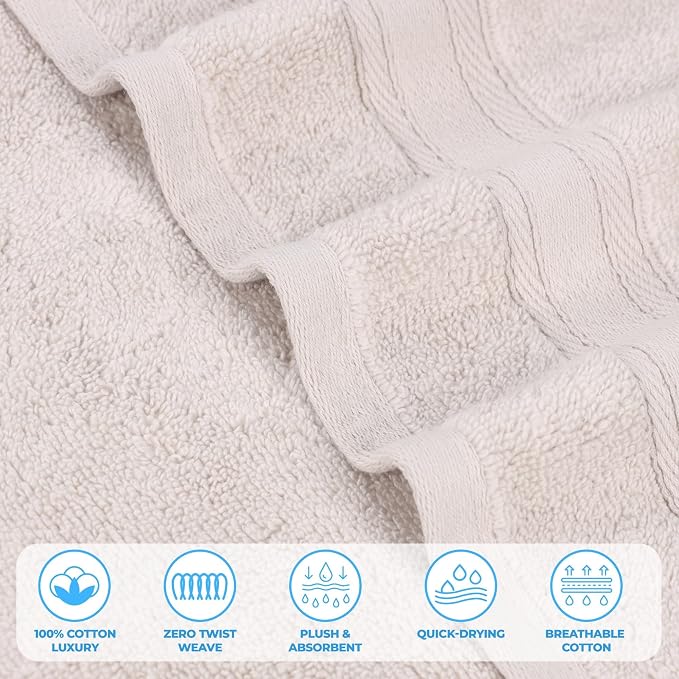 Superior Belmont Zero Twist Cotton Medium Weight Towels, for Guest Bath, Bathroom, Shower, Spa, Plush, Quick Dry, Ultra-Soft Towels, Bath Essentials, Thick Border, Bath Towels, Set of 2, Silver