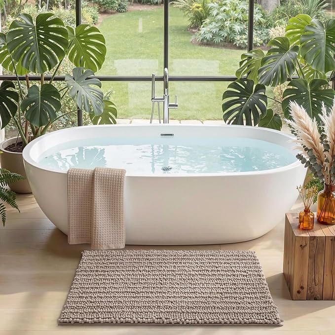 DEXI Bathroom Rugs 36x24, Super Soft Thick Chenille Absorbent Bath Mat, Non Slip Machine Washable Fluffy Shag Bathmat for Tub, Shower Floor, Dark Beige