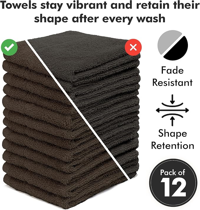 Face Towels Pack of 12 – 100% Cotton Wash Cloths (12x12 inch) – 550 GSM Soft, Quick Dry & Highly Absorbent Ring Spun Cotton Towels for Bathroom, Spa, Gym, Kitchen and for Daily Use - (Dark Brown)