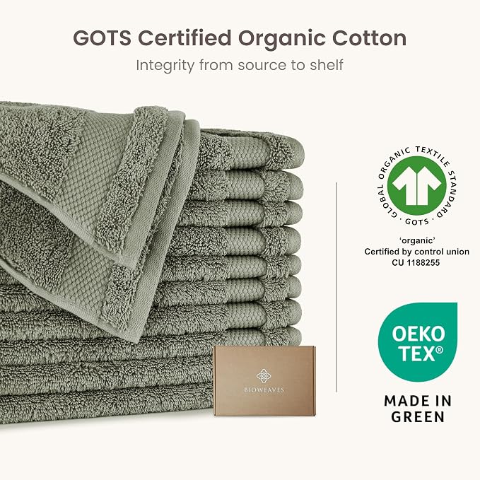 BIOWEAVES 100% Organic Cotton 700 GSM Plush Premium Washcloths 13" x 13" GOTS Certified, Face Towels Perfect for Home & Bathroom - Sage, Pack of 12