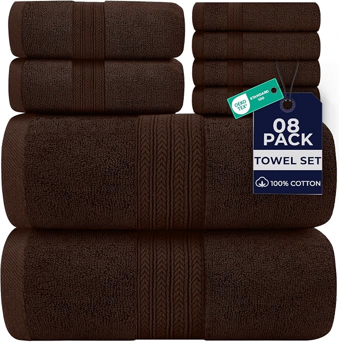 DAN RIVER 8 PC Luxury Bath Towels for Bathroom, 2 Bath, 2 Hand, and 4 Wash Cloths, 600 GSM 100% Ring Spun Cotton Towel Set, Highly Absorbent, Gym, Hotel, and Spa, Brown