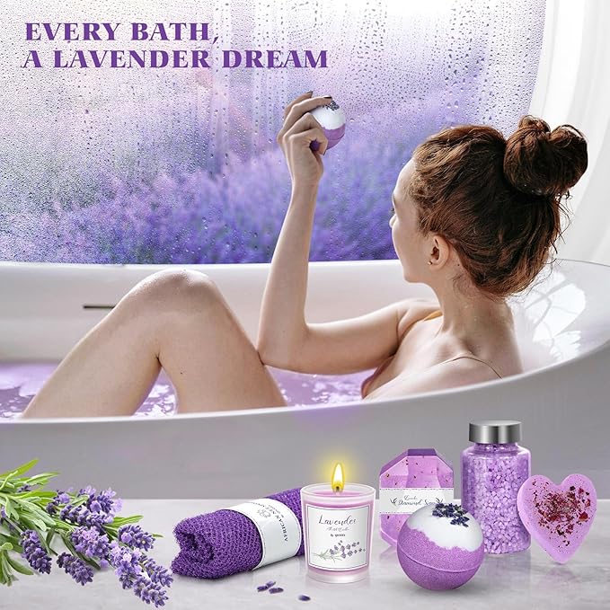 Easter Gifts for Her, Bath Gift Set for Women, Birthday Gifts for Wife Women Sister Mom Auntie Grandma Friends, Relaxing Spa Self Care Lavender Bath Bombs Set﻿